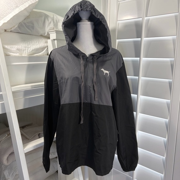 PINK Victoria's Secret Jackets & Blazers - Victoria's Secret PINK Black & Gray Hooded Anorak Windbreaker Jacket (XS)